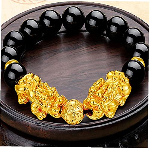 Bracelet en obsidienne noire d'exception et duo de perles dorées
