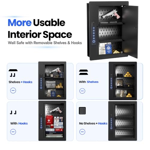 Image of Grimtron Biometric Wall Safe Between 16 inch Studs with Shelves & Hooks, Black