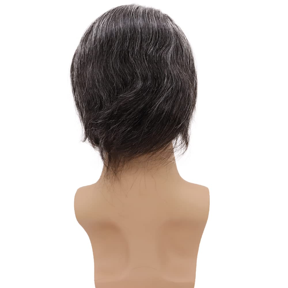 Men toupee Swiss Lace Front Natural Hairline with PU Skin V-looped European Human Hair Replacement System for Man Wigs 8x10 Inches Medium Density Hairpiece (1B Mixed 30% Grey White Hair)