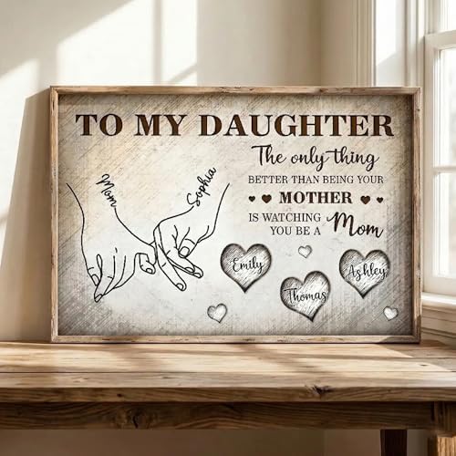 Personalized To My Daughter Wooden Wall Art from Mom – Custom Canvas Holding Hands Plaque with Kids Names, Meaningful Mother’s Day Birthday Gift for Daughter from Mom Style 1 - 5