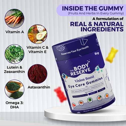 Image of The Body Reserve Vision Boost Eye Care Gummies Enhanced with DHA, Vitamin A, C & E Promotes Vision and Protects from Blue Light & Digital Strain Strawberry Mix Flavoured 30 Gummies(Pack of 1)