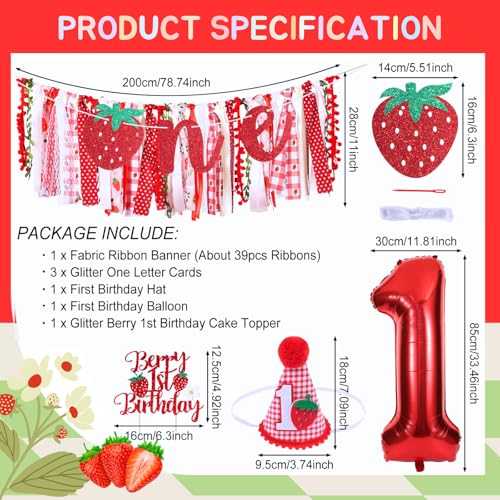 Image of Strawberry Highchair Banner for Girls First Birthday Party Decorations | Berry 1st High Chair Fabric Banner for Sweet One Birthday Backdrop Decorations Strawberry Baby Shower Party Supplies