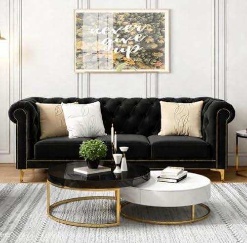 Image of Modern Classic 3 Seater Sofa Couch Fabric & Valvet Tufted Chesterfield Sofa Living Room and Office (3 Seater in Black) | Premium Material
