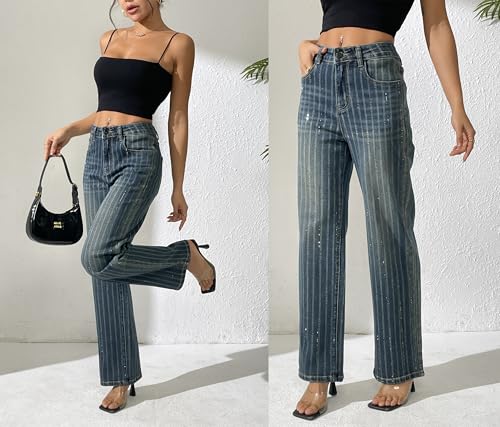 Women's Rhinestone Striped Jeans Wide Straight Leg Pants High Waist Stretch Denim Trouser 2025 Jeans2