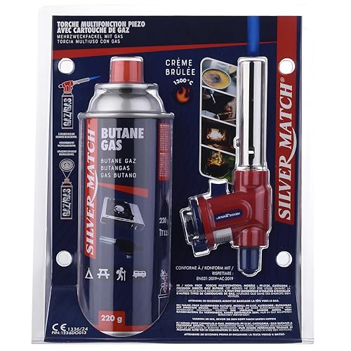 SILVER MATCH Chalumeau à Gaz + Cartouche de Butane 220G, Torche Piezo Multifonction, 1300°,...