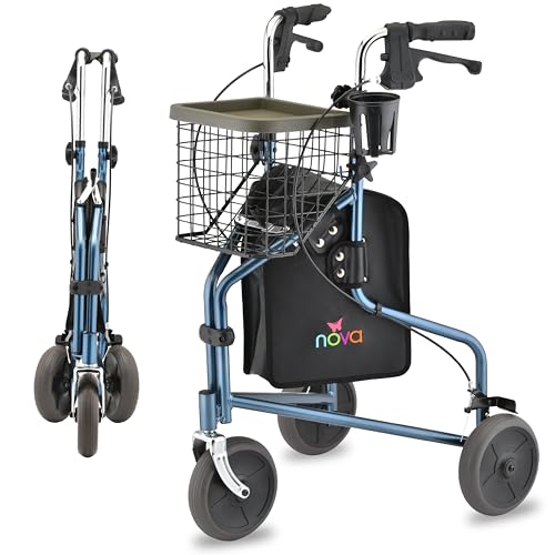 NOVA Traveler Folding 3-Wheel Walker with Tray, Basket,...