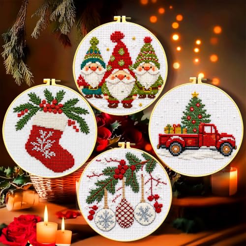 Image of Zhenqing 11CT Stamped Cross Stitch Kit for Adults Beginners, Hand Embroidery Christmas Ornaments with Hoops and Instructions - Four-Piece Stocking Set (68448)