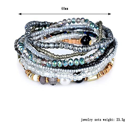 Image of Caiyao Handmade Multicolor Bohemian Crystal Beaded Bracelets Set Multilayer Stackable Boho Charms Stretch Layered Bead Adjustable Bangles Strand Jewelry for Women