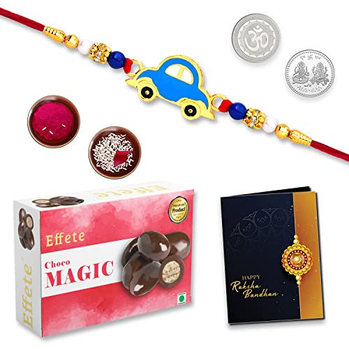 Image of DeoDap Multicolor Car Shaped Rakhi Bracelet Magic with Choco Magic 32gm, Silver Pooja Coin, Tilak Set, Greeting Card - Rakhi Gift for Brother