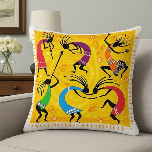 Image of Jute Cushion Cover 20x20 Inch - Set of 7 Decorative Throw Pillow Covers for Sofa, Couch or Bed - Designer Printed Square Cushion Covers - Home Decor (Yellow Tribal Dancers)