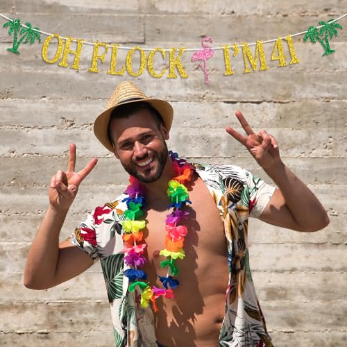 Image of Oh Flock I'm 41 Banner, Glitter Happy 41st Birthday Anniversary Party Decorations, Pineapple Party Decor, Hawaiian Luau Tropical Aloha 41 Theme Party Photo Props