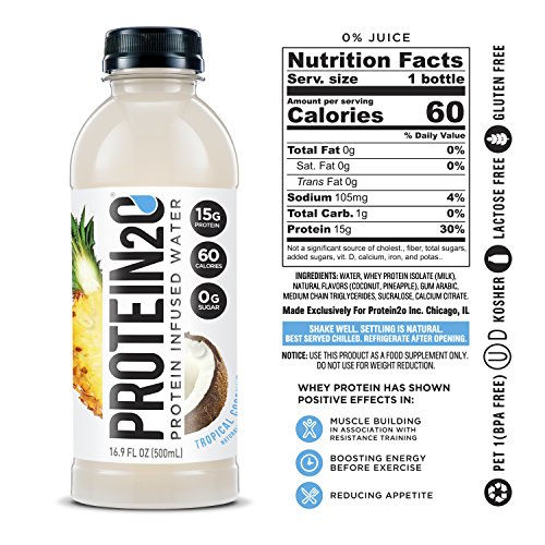 Protein2O Low Calorie Protein Infused Water, 15G Whey Protein Isolate, Tropical Coconut (Pack Of 12), 16.89 Ounce & Low Calorie Protein, 10G Whey Protein Isolate, Peach Mango (16.9 Oz, Pack Of 12) #TOP3