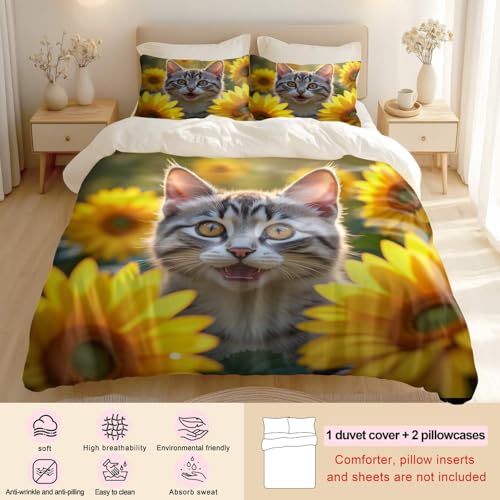 Housse de couette chat microfibre anti-plis, parure lit double facile à laver