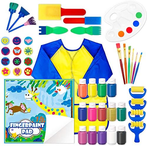 Washable Finger Paint Set, Shuttle Art 46 Pack Kids Paint Set with 14 Colors(60ml) Finger Paints, Brushes, Finger Paint Pad, Sponge, Palette, Smock, NonToxic for Toddlers Home Activity Early Education