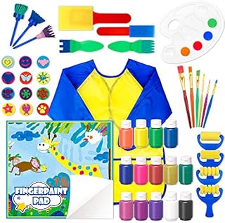 Washable Finger Paint Set, Shuttle Art 46 Pack Kids Paint Set with 14 Colours(60ml) Finger Paints, Brushes, Finger Paint Pad, Sponge, Palette, Smock, NonToxic for Toddlers Early Education