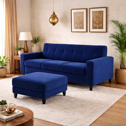 Image of Homeboy 4 Seater L Shape Sofa Set with Movable Ottoman | Flexible Left or Right Layout | Luxe Velvet Suede Fabric | Comfortable Seating | Modern Sofa for Living Room -Dark Blue