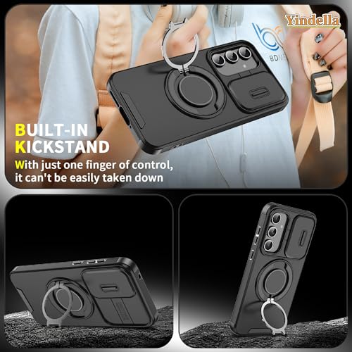 Image of Yindella Phone Case Compatible for Samsung A55, Shockproof Protective Cover with Slide Camera Protector, 360 Ring Kickstand, Magnetic Car Mount Support - Black
