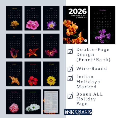 Image of 12 inchx18 inch Black & Bloom 2026 Wall Calendar | Vibrant Flowers on Pitch Black | Modern Botanical Art | Wiro-Bound | Indian Holidays Marked | Bold Home /Office Decor | Gloss Laminated