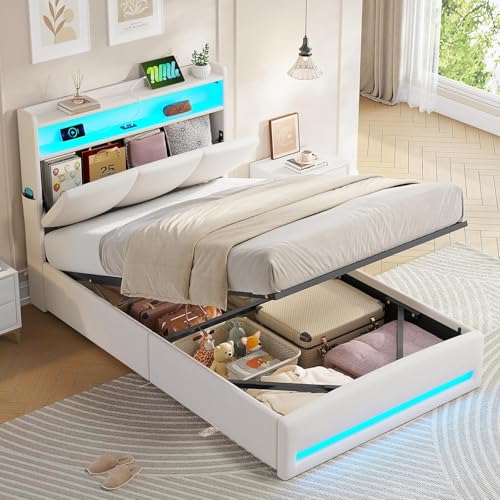 AGOLLATI Cama Individual 90 x 200 cm con Luz LED y Estación de Recarga, Cama Canape Hidráulica con Almacenamiento, Estructura Cama Tapizada con Cabecero Almacenador, Puertos USB y Type-C, Beige