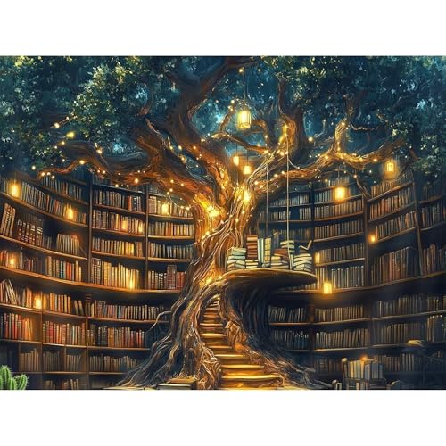 Image of Bookstore Stamped Cross Stitch Kits for Adults -Tree House Embroidery Kits for Beginners Adults,11 CT Patterns Dimensions Counted Cross Stitch Kits for Adults Arts Craft 12x16 inch