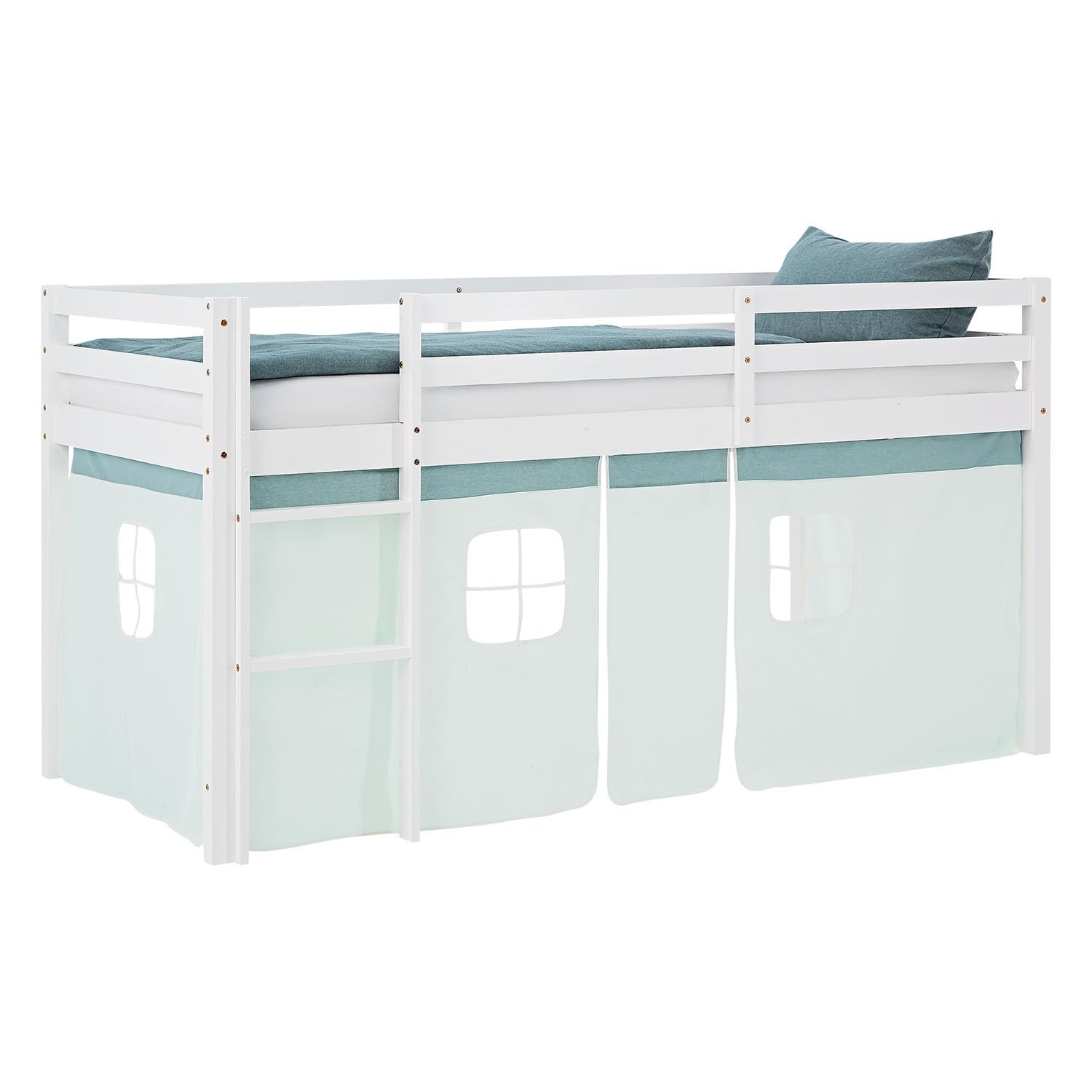 Homestyle4u Kinderbett Hochbett 90x200 mit Vorhang und Treppe, weißes Kiefernholz