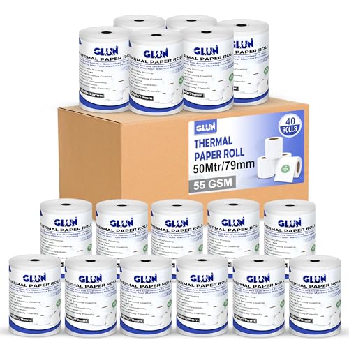 Image of GLUN POS Receipt Thermal Paper Rolls, Pack of 40 Rolls 79mm(3 inch) x 50 Meter Size, Smudge & Jam-Free Thermal Rolls for Cash Billings