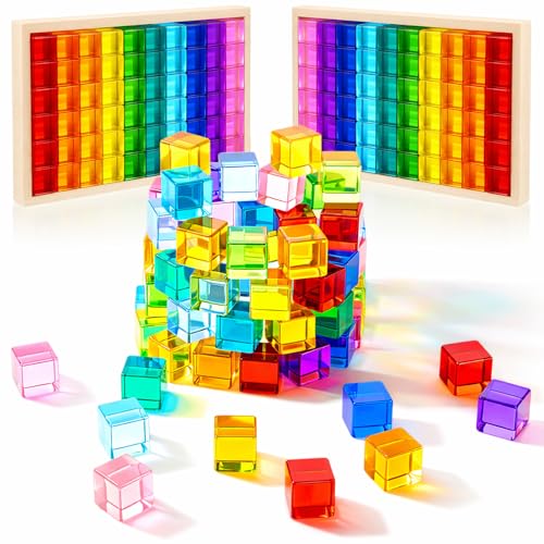 Meooeck 100 Pcs Colored Acrylic Gem Cube Blocks, Translucent Rainbow Building Stacking Cube Educational Sensory Train Toy with Wooden Storage Box for Toddler Kid Montessori Christmas Stocking Stuffer