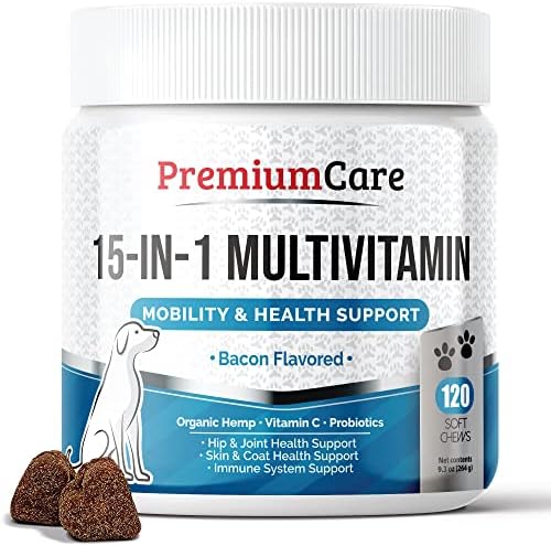 Premium Care 15-in-1 Dog Multivitamin Chews - Dog Vitamins and Supplements with Vitamin C, Probiotics and Omega 3 for Physical and Mental Wellbeing Support - 120 Multi-Vitamins for Seniors & Puppies
