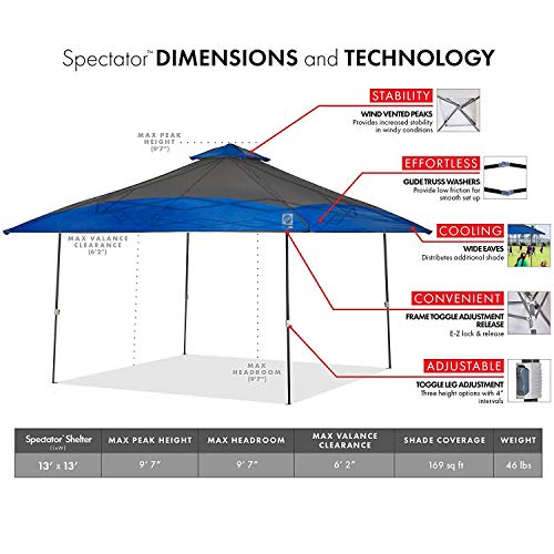E-Z Up Spectator Instant Shelter Canopy, 13' X 13' With 169 Sq Ft Of Shade, Vented Roof, Royal Blue Dual Tone #TOP3