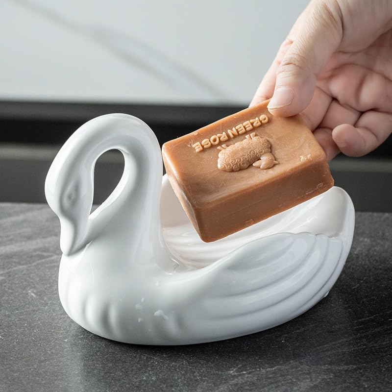 Ceramic Swan Soap Dish, White, 5.9x4.1 inches, Non-Slip Bathroom Soap Holder with Drainage Design