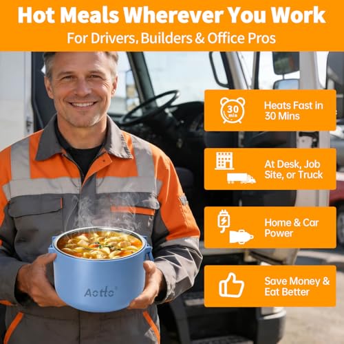 Aotto Electric Lunch Box, 12V 24V 110V 3 in 1 Portable Food Warmer Heated Lunch Boxes for Adults, 32oz Leakproof, Lunch Warmer & Food Heater for Travel, Car, Truck, Office Use - Blue by Aotto - Image 4