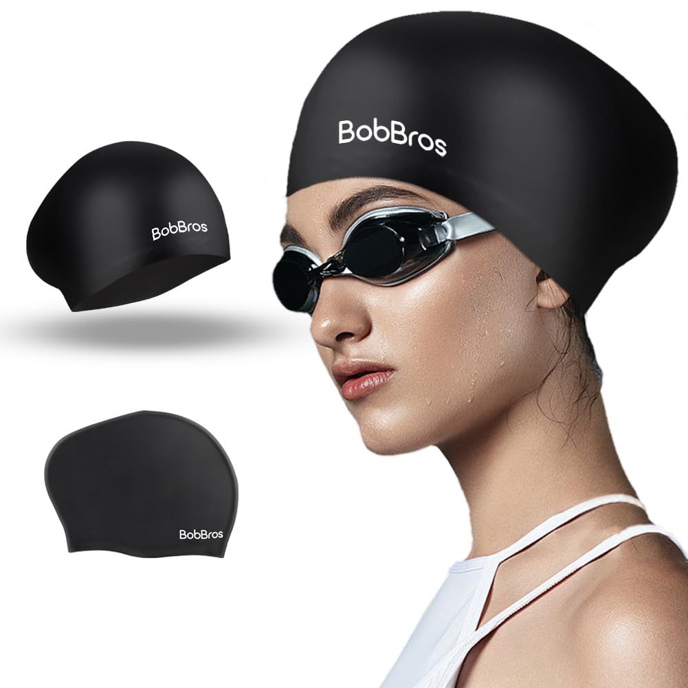 BobBrosWomens Silicone Swim Cap for Long Hair, 3D Ergonomic Design Silicone Swimming Caps for Women Men Adults, Perfect for Swimming Pool, Lap Swimming Training and Open Water