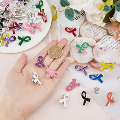 SUPERFINDINGS 50PCS 10 Colors Breast Cancer Awareness Lapel Pins Ribbon Enamel Pins Alloy Badges Hope Ribbon Lapel Pins for Charity Recognition Public Event4