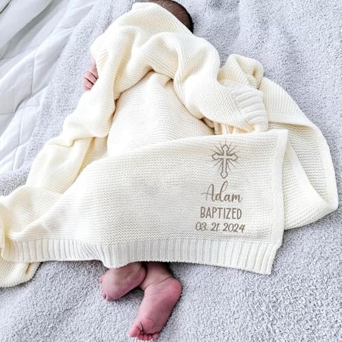 IZI POD Personalized Baby Baptism Knit Blanket, Custom Embroidered Boy Girl Christening Blanket, Custom Name and Date, Baptismal Keepsake, Gifts for Baby, Birthday, Baptized - Style 1