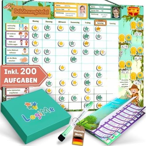 Belohnungstafel für Kinder [200 AUFGABEN] - XL Aufgabenplaner magnetisch - Montessori Belohnungssystem - Wochenplaner ab 3 4 5 6 7 8 Jahre - Sternchenplan ADHS Magnettafel (Abenteurer)