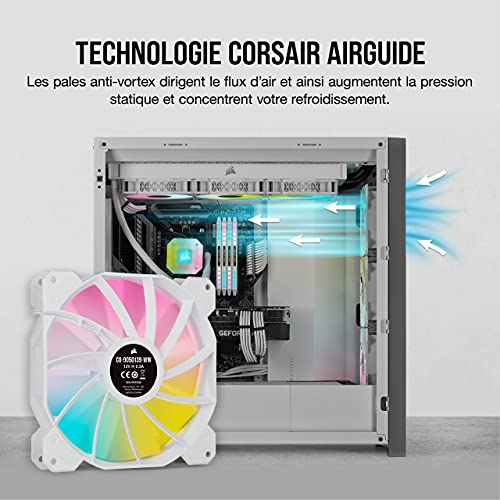 Corsair iCUE SP140 RGB ELITE Performance 140 mm Kit de Deux Ventilateurs avec iCUE Lighting Node CORE (Technologie CORSAIR AirGuide, Huit LED RGB Paramétrables, Silencieux niveau sonore 18 dBA) Blanc