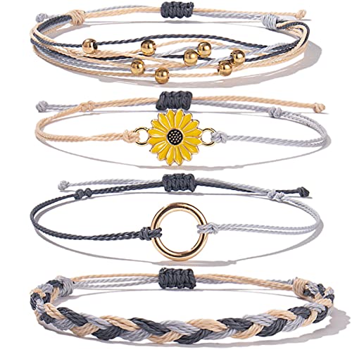 Image of Stackable Sunflower String Bracelets Cute Boho Braided Summer Beach Jewelry