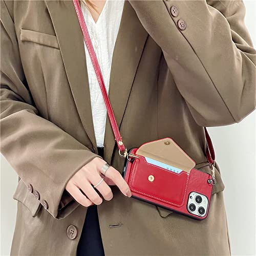 Coque iPhone avec porte-carte et cordon en silicone rouge antichoc
