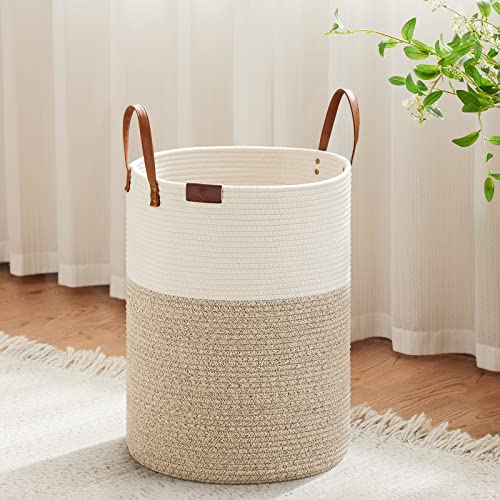 Viposco Small Laundry Basket, Slim Baby Hamper With Leather Handle, Cute Woven Rope Storage Basket For Blanket, Kids Toy, Clothes In Living Room, Bathroom, Bedroom, Nursery Room - 30L White & Brown #TOP15