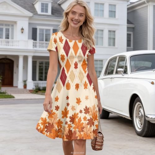Image of POLERO Sunflower Dress for Women Floral Summer Dresses Short Sleeve Casual Sundresses Midi Dresses