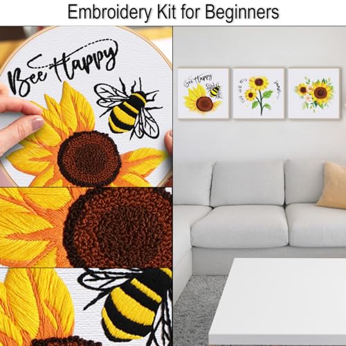 Image of Louise Maelys 3 Sets Sunflowers Embroidery Kit for Beginners,Cross Stitch Kits for Adults with Summer Flowers Bee Stamped Pattern,Starters Needlepoint with Embroidery Instruction