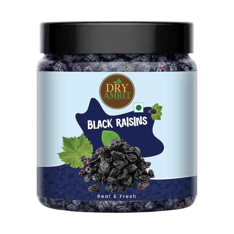 DRY AMRIT Premium Black Raisins 250 gm | Naturally Sweet & Soft Kali Kishmish | Source Of Potassium & Dietary Fibre | Dry Black Grapes | Rich In Iron & Calcium | Seedless Black Raisins | Jar Pack
