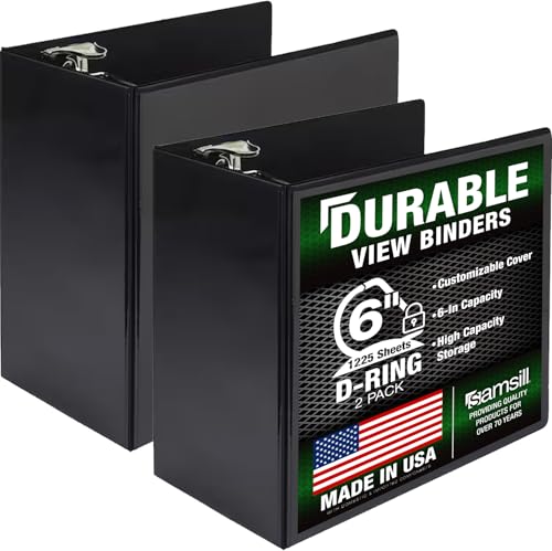 Samsill Durable 6 inch 3 Ring Binder Locking D Ring Binder Customizable Clear View Cover Black 2-Pack Holds 1225 Pages