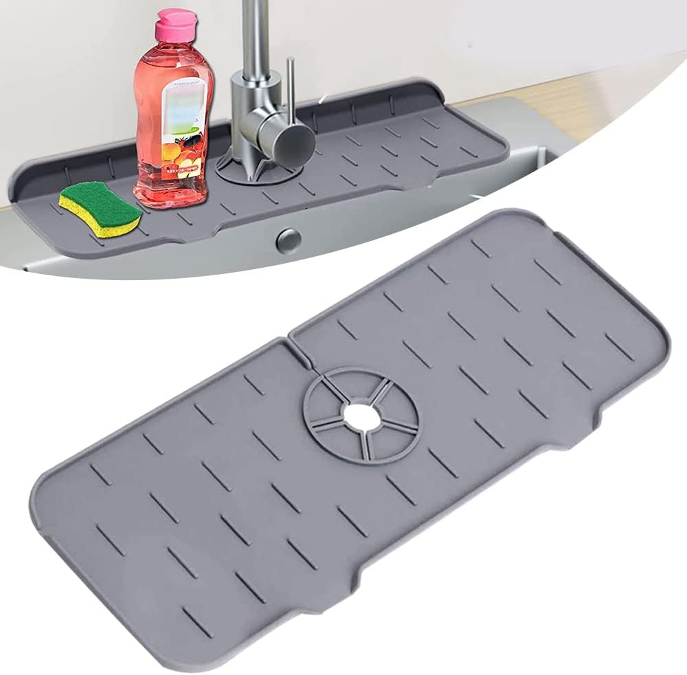Silicone Faucet Sink Mat Sink Splash Guard, Sink Drain Pad Behind Faucet, Bathroom Drip Protector Splashback Countertop Protection Faucet Handle drip Catcher (Grey 1pcs)