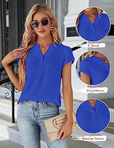 Blooming Jelly Women's Dressy Casual Tops Business Work Blouses Button Down V Neck Shirts 2026 Summer Cute Cap Sleeve Tshirt (Royal Blue,X-Large)