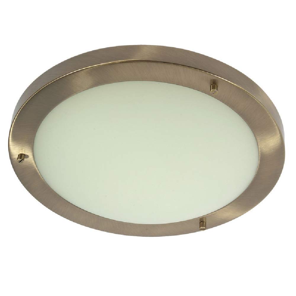 Britalia Antique Brass & White Frosted Glass Bathroom Round Flush Ceiling Light 305mm | 2 x SES E14 Candle Lamp Bulbs Required (Not Included) | IP44 Rated | Suitable for Outdoor Use