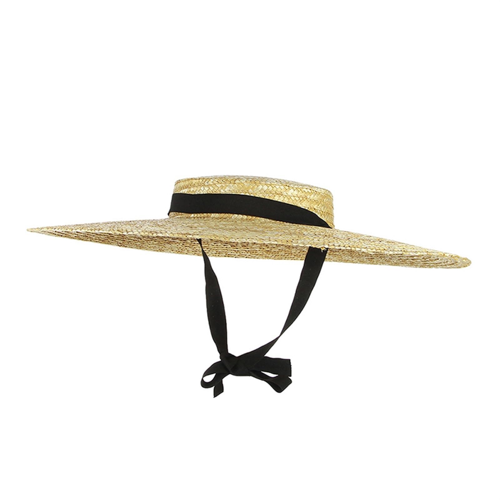 Generic Sombrero de paja de ala ancha para mujer, sombrero de playa con cinta larga, sombrero de verano con visera para el sol, gorra plana de ala grande, sombrero de paja