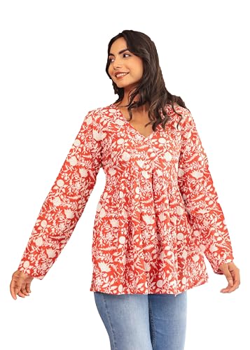 Image of LABEL ADRIJA Cotton V Neck Anarkali Short Kurti for Women Full Sleeve Floral Print | Short Kurtis for Women on Jeans