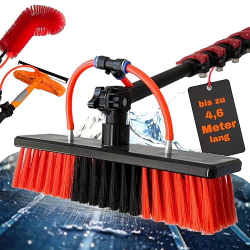 PAKSU® Teleskop Waschbürste 4,6m Set - Premium Qualität - Plus Fensterwischer Abzieher Dachrinnenreiniger - Waschbürste mit Teleskopstiel - Reinigung von PV Anlage Wintergarten Terassendach Fenster
