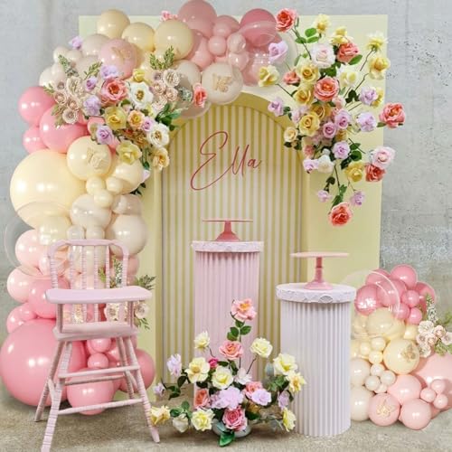 NUTTYBASH Pink and Yellow Balloon Arch Garland Kit 126Pcs Pastel Light Pink Sand White Balloons for Birthday Baby Shower Bridal Shower Wedding Bee Bear Party Decorations — view 5